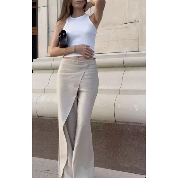 ZARA WOMAN LINEN BLEND PAREO PANTS TROUSERS LIGHT BEIGE Size‎ L - Picture 2 of 13